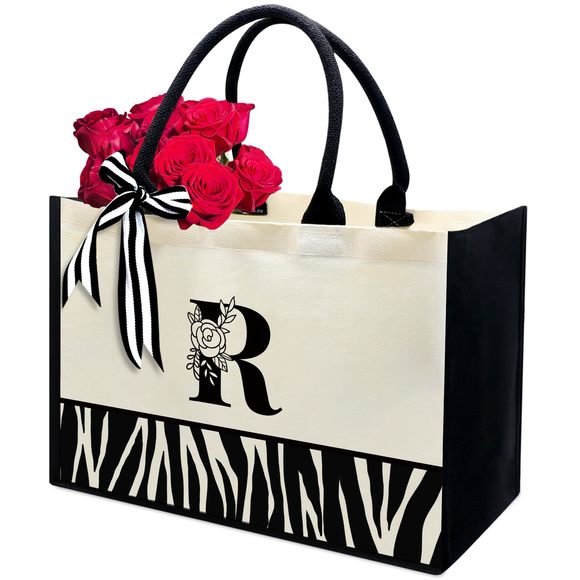 Personalized Initial Canvas Beach Bag, Monogrammed Gift Tote Bag, UwU - Picture 1 of 7